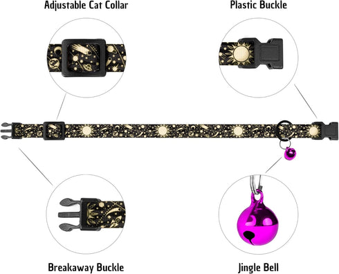 4PCS Breakaway Cat Collars with Bell, Cute Kitty Adjustable Safe Kitten Collars, 4-Pack, Nylon Pet Collars Space Mushrooms Shark Birds Print (Natu...