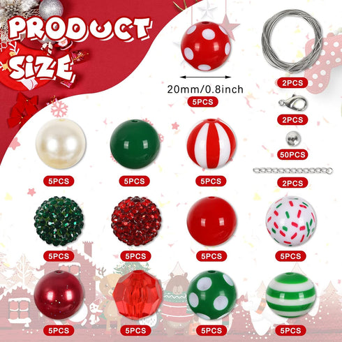 Whaline 60Pcs Christmas Bubblegum Beads 20mm Bulk Mixed Christmas Chunky Beads Red Green Acrylic Spacer Beads Xmas Gumball Loose Beads Kit for Chr...