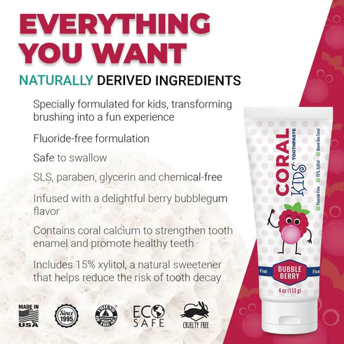 Coral White Kids Bubble Berry Fluoride Free Toothpaste - 4 Ounces (1 Pack)...