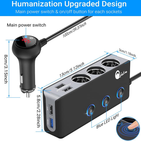 Quick Charge 3.0 Cigarette Lighter Splitter, Qidoe 3 Socket 180W Cigarette Lighter Adapter with 4 USB Fast Charging, DC 12V/24V Cigarette Outlet L...