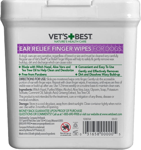 Vet's Best Ear Relief Finger Wipes | Ear Cleansing Finger Wipes for Dogs | Sooths & Deodorizes | 50 Disposable Wipes...