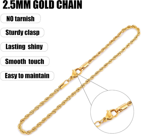 Fiusem Gold Anklet for Women, 2.5mm 18K Gold Plated Stainless Steel Braided Rope Anklet, Women's Anklets 11"...