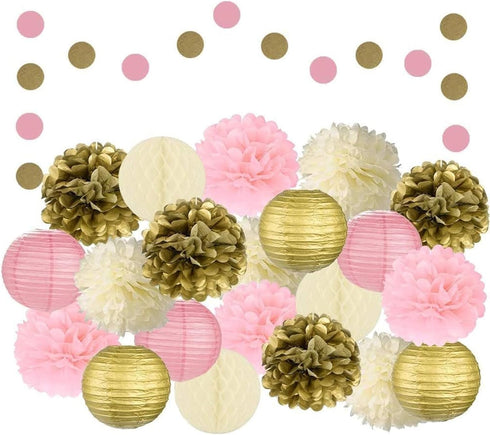 EpiqueOne 22-Piece Tissue Paper Pom Poms Party Set - Pink, Gold & Ivory | Includes 12 Pom Poms, 6 Paper Lanterns, 3 Honeycomb Balls & 1 6.5 ft. Ga...