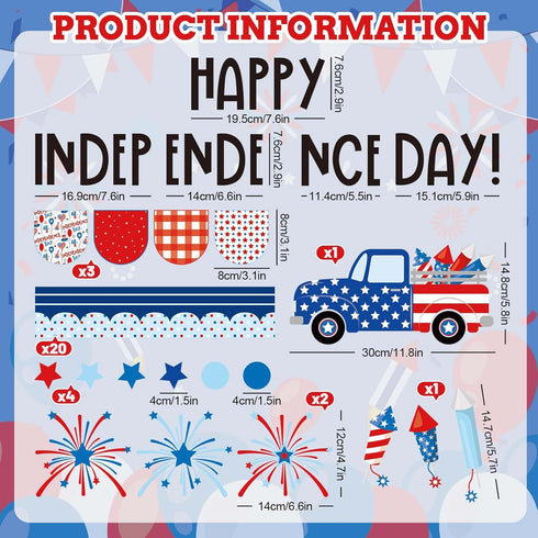 JarThenaAMCS 74Pcs Happy Independence Day Bulletin Board Kit Patriotic Red Blue Star Truck Fireworks Paper Cutouts with 100Pcs Glue Points 4th of ...