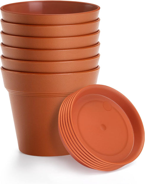 6 Pack Plastic Plant Pots with Drainage Holes and Tray, 4 inch Thickened Indoor Planters Seedlings Nursery Pots for Flowers, African Violet, Succu...