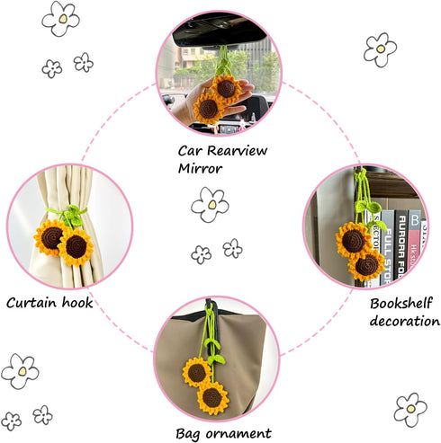 2 Pieces Handmade Sunflower Car Accessories Sunflower Pendants Car Mirror Hanging Accessories...