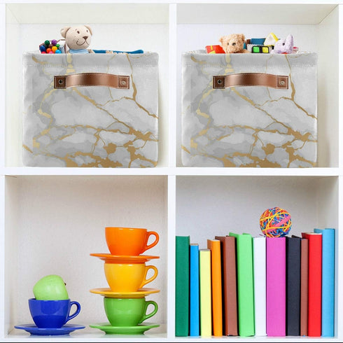 White Gold Marble Storage Basket Bin Large Fabric Toys Storage Cube Box with Handles Collapsible Closet Shelf Cloth Organizer Basket for Nursery B...