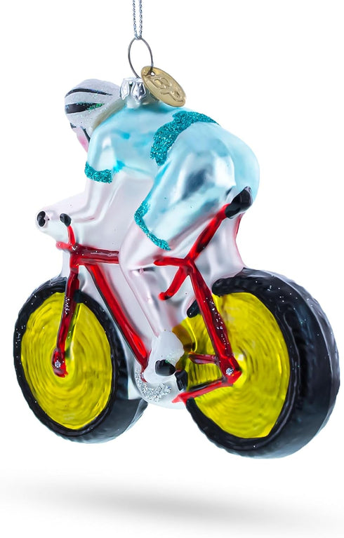 Cycling Sportsman on Bicycle Blown Glass Christmas Ornament...