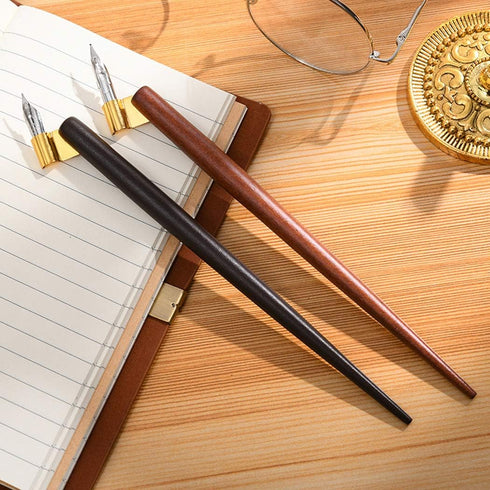 Professional Manga Gothic Pen Dip Pen Calligraphy Drawing Pen Kit, 2 Pen Holders Handles, 7 Nibs (2 Fountain Pen Nib, 5 Flat Nib) - Brown Wood and...