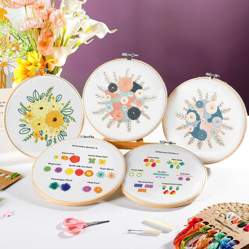 Embroidery Kit for Beginners, Starters with Stamped Pattern, 5 Sets Cross Stitch Kits for Adults Hand Craft Lover with Embroidery Cloth, Hoop, Col...