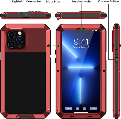 Lanhiem for iPhone 13 Pro Max Metal Case, Heavy Duty Shockproof Tough Rugged Case with Built-in Glass Screen Protector, 360 Full Body Protective C...