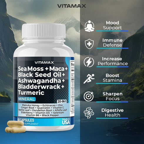 Sea Moss 3000mg Maca 1000mg Black Seed Oil 2000mg Ashwagandha 1000mg Bladderwrack, Turmeric - Manuka, Elderberry, Vitamins C & D3, Chlorophyll, Zi...