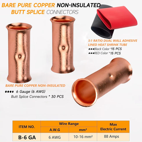 6 Gauge Butt Splice Connectors 30 PCS 6 AWG Non-Insulated Butt Connectors,Bare Pure Copper Butt Splice Wire Connector,Heavy Duty Uninsulated Crimp...