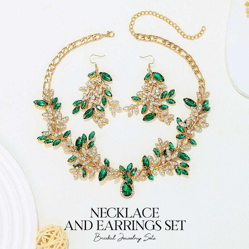 Aukmla Green Crystal Bridal Jewelry Set Gold Rhinestones Wedding Necklaces Earrings Sets Pearl Prom Costume Jewelry for Women and Brides...