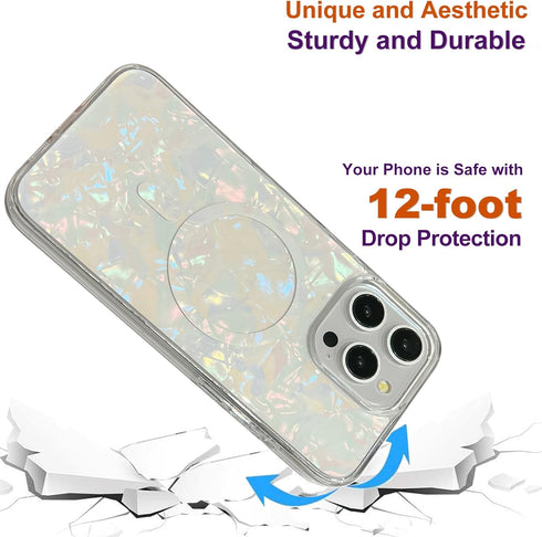 for iPhone 15 Pro Case Compatible with MagSafe,Cute Magnetic Hard Back Shockproof Women Phone Case for iPhone 15 Pro 6.1"- White Pearl Tort...