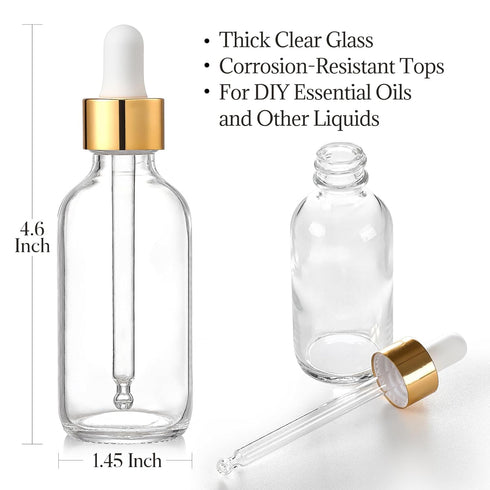 AOZITA Set of 4, 2 oz Golden Cap Clear Dropper Bottles (60ml) with 1 Funnel & 4 Labels - Glass Tincture Bottles for Essential Oils with Eye Droppe...