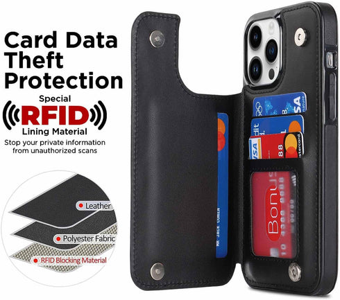 for iPhone 13 Pro Max Wallet Case with Card Holder, 360° Rotation Ring Kickstand Card Slots Case, Leather Protective Case with Double Magnetic Cla...