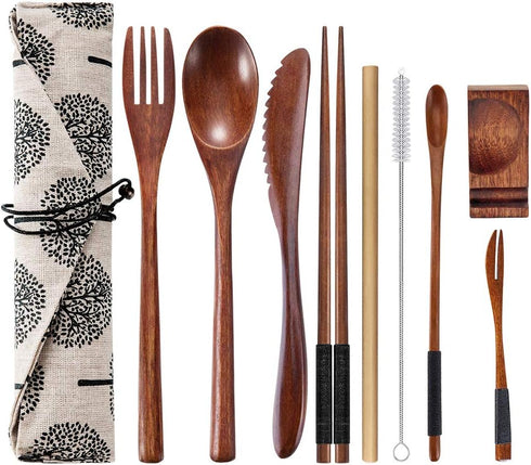 OKA Reusable Wooden Travel Cutlery Set Japanese Style Lunch Utensil Set with Case ,9 Pcs Wooden Flatware Including Reusable Knife Fork Spoon Chops...