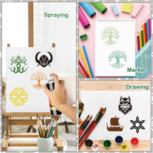 60pcs Runes Stencils for Painting on Wood Burning Patterns Tree of Life Stencils Nature Stencil Tree Paint Template on Art Craft Canvas Wall Fabri...
