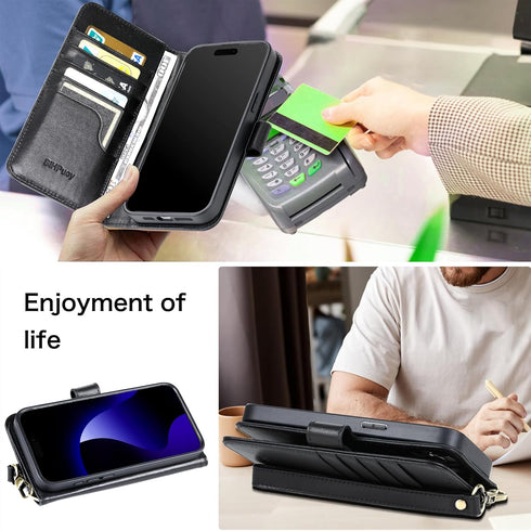 Genuine Leather for Apple iPhone 15 Pro Wallet Case with Card Holder Kickstand, Phone Accessories for Woman Men, 2 pcs Screen Protector 2 pcs Came...
