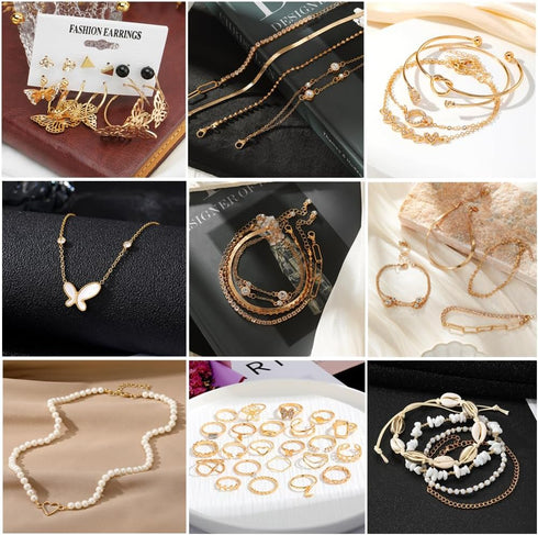 Gold Jewelry Sets for Women, Vintage Baroque Style Ladies Necklace/Rings/Bracelet and Earrings Jewelry Set, Fashion Indie Jewerly Pack Personality...