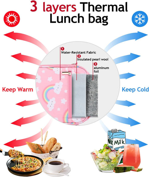Lunch Box for Kids Girls Insulated Lunch Bag with Shoulder Strap and Pocket Pink Cute Lunch Cooler Thermal Meal Lunch Tote Bag for School Travel O...