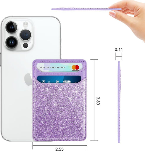 Self Adhesive Card Holders for Back of Phone, Leather RFID Phone Wallet Pockets Stick On, Credit Card Holders Sleeve for Phone Case, Glitter Purpl...