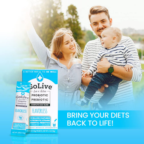 GoLive Probiotics & Prebiotics FLAVORLESS/SUGARLESS Synbiotic Powder, Probiotics + Prebiotics for Women, Men & Kids +15 Billion CFUs, 15 Clinical ...