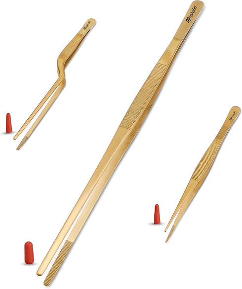 Manjushri Premieum Grade Steel Chef Food Cooking Plating Kitchen Baking 12 Inch XL Long Gold Tong Tweezer Tool Set...