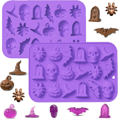 2 Pack Halloween Chocolate Mold, 3D Silicone Candy Molds Halloween Baking Mold Skull Pumpkin Spider Bat Witch Hat Gummy Fondant Mold for Candy Coo...