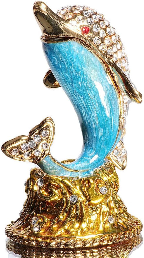Waltz&F White diamond dolphin Hand Painted Enameled Decorative Hinged Jewelry Animal Trinket Box Unique Gift For Home Decor...