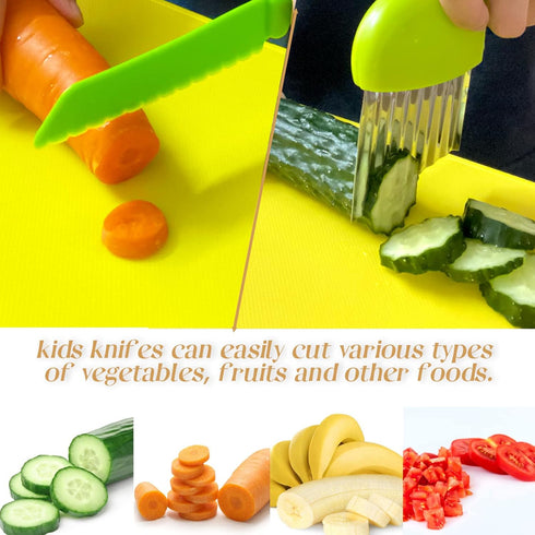 8 Pieces Wooden Kids Kitchen Knifes for Real Cooking Include Plastic Toddler Knife, Wood Kids Safe Knives, Potato Slicers, Serrated Edges Cooking ...