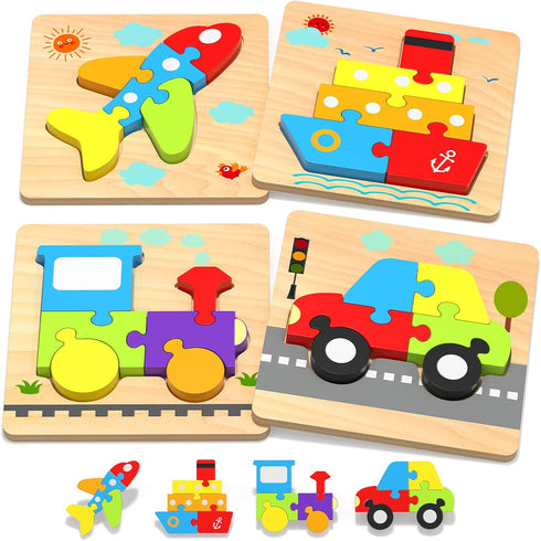 Wooden Vehicle Toddler Puzzles for 1 2 3 Years Old Boys Girls, Baby STEM Educational Toy Gift with 4 Vehicles Montessori Learning Puzzles...
