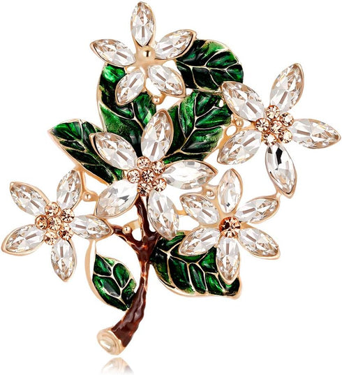 Womens Flower Green Leaf Rhinestone Brooch Pin...