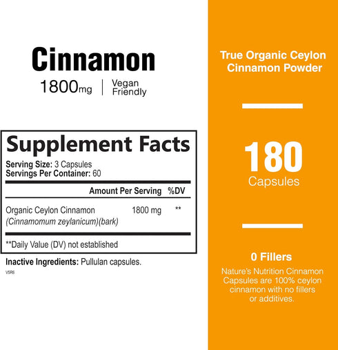 Pure Cinnamon Capsules, Certified Organic Ceylon Cinnamon Pills, Non-GMO, Gluten-Free, Dairy-Free, Sri Lanka Cinnamon Powder Supplement, Best Vega...