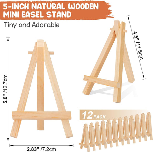 WOWOSS 12 Pack 5" Mini Wood Display Easel, Natural Wooden Tripod Holder Stand for Displaying Small Canvases, Business Cards, Photos...