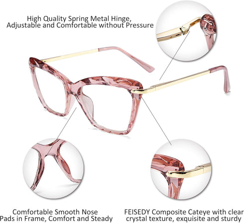 FEISEDY Crystal Cat Eye Glasses Frame Blue Light Blocking Computer Eyewear B2500...