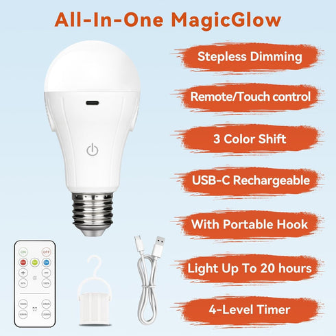 Neporal MagicGlow Rechargeable Light Bulbs with Remote, 3 Colors Shift + Dimmable Battery Powered Light Bulbs, USB Rechargeable, A19 Emergency LED...
