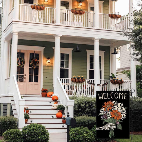 Halloween Garden Flag 12x18 Inch Double Sided Welcome Skull Flower Skeleton Gothic Spooky Halloween Decorations Outdoor Garden Flag Burlap for Sea...