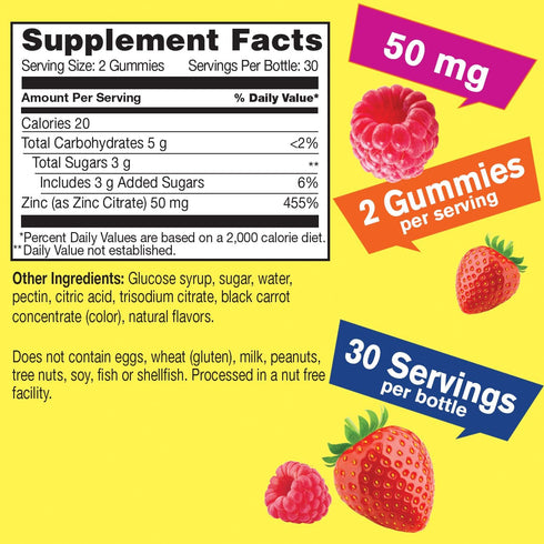 Zinc Gummies 50 mg - Supports Healthy Immune Function and Antioxidant Health - Natural Berry Flavor - Gluten-Free, GMO-Free - Chewable Gummy Dieta...