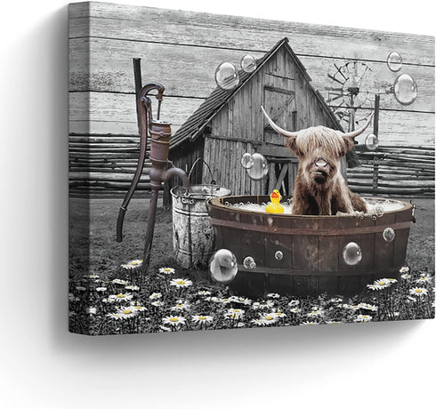 Farmhouse Bathroom Decor Wall Art Funny Highland Cow in Bathtub Pictures Wall Decor Rustic Bathroom Cow Painting for Bathroom Toilet Cattle Artwor...
