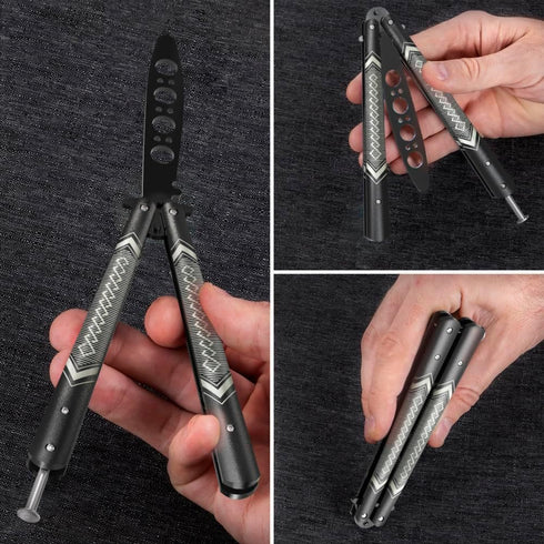GOOD WORKER Butterfly Trainer - Practice Balisong Butterfly Knives NOT Real NOT Sharp Blade - Cool Design - Black Dull Trick Butterfly - Butter Fl...