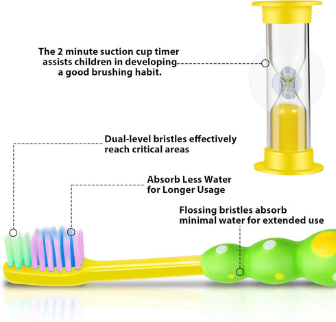 Soft Kids Toothbrushes with Suction Timer and Flossing Bristles, Children Sized Brush Heads (3-10 Year Old), Suction Cup for Fun & Easy Storage, T...