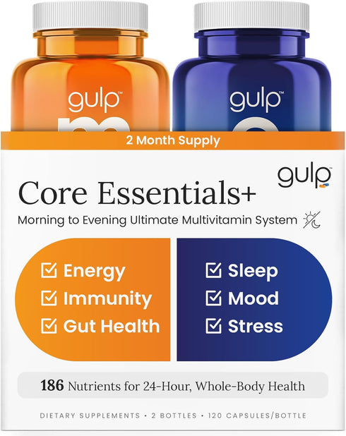 Gulp Core Essentials AM PM Multivitamin for Men & Women | Energy, Immunity, Stress & Sleep Support | Omega 3, Probiotics, Antioxidants & More | 60...