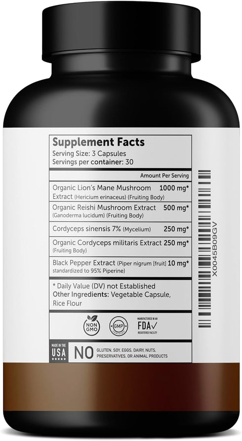 Organic Lions Mane Capsules - Lions Mane Supplement with Reishi, and Cordyceps - Immune Health & Cognitive Supplement - Mushrooms & Lion's Mane Mu...