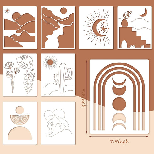 9PCS Sun Moon Painting Stencils, 8x10 Inch Abstract Boho Templates Mountain Landscape Drawing Stencils Minimalist Sunrise Themes Women Stencils fo...