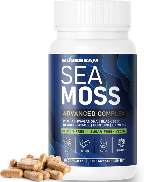 Organic Irish Sea Moss 6000mg - 2000mg Black Seed Oil Ashwagandha Burdock Root Ginger Capsules - Advanced Seamoss Vitamin Multi Mineral Complex Su...
