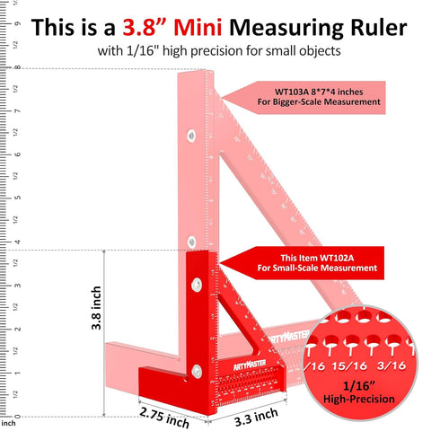 3.8?Mini 3D Multi-Angle Measuring Square Ruler, WT102A High Precision Hole Scribing Woodworking Tools, 0-90° Aluminum Alloy Carpenter Square Wood ...