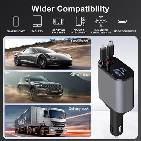 Retractable Car Charger, 4 in 1 Retractable Car Charger, 100W Dual Ports Fast Charger, Cigarette Lighter Car Charger for iPhone 15/14/13/12/11, iP...
