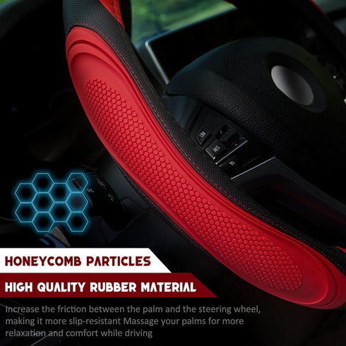 XCBYT Steering Wheel Cover - 14.5-15 Inch Car Microfiber Leather Steering Wheel Wrap Black Red Sports Fan Design Non-Slip for Man Women...